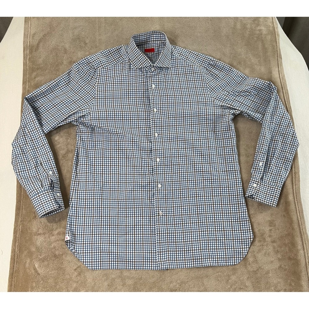 Isaia Napoli Button Up Dress Shirt Men 44 Plaid Blue Gray Long Sleeves Italy EUC